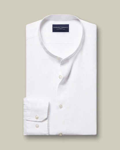Collarless Pure Linen Slim Fit Shirt - White