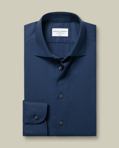 Non-Iron Stretch Chevron Texture Slim Fit Shirt - Denim Blue