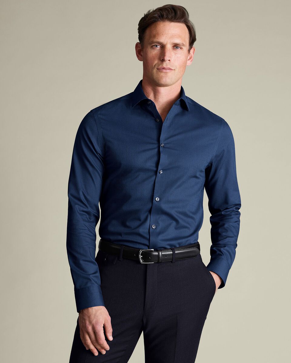 Non-Iron Stretch Chevron Texture Slim Fit Shirt - Denim Blue