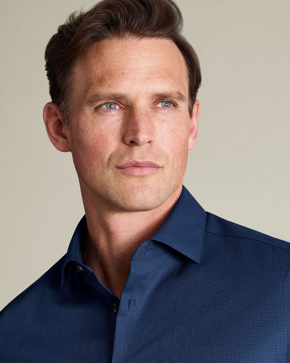 Non-Iron Stretch Chevron Texture Slim Fit Shirt - Denim Blue