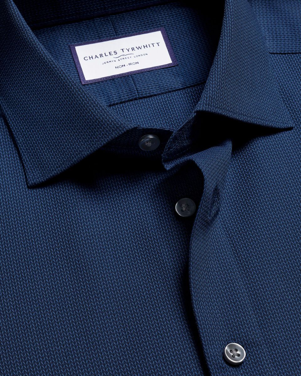 Non-Iron Stretch Chevron Texture Slim Fit Shirt - Denim Blue
