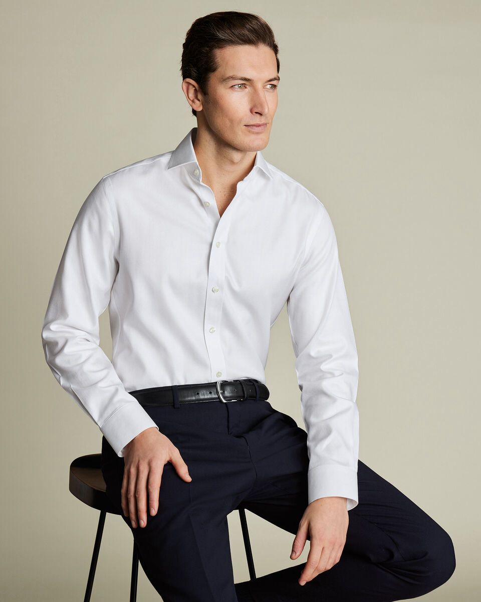 Double Cuff Non-Iron Herringbone Slim Fit Shirt - White
