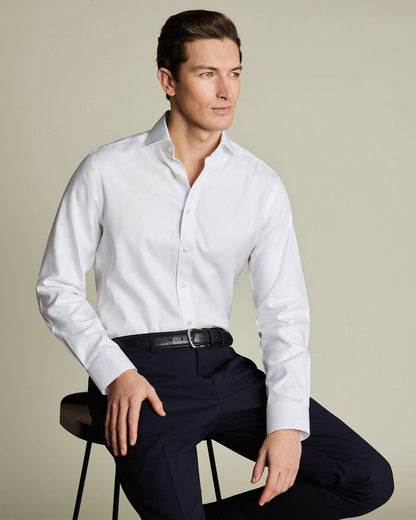 Double Cuff Non-Iron Herringbone Slim Fit Shirt - White