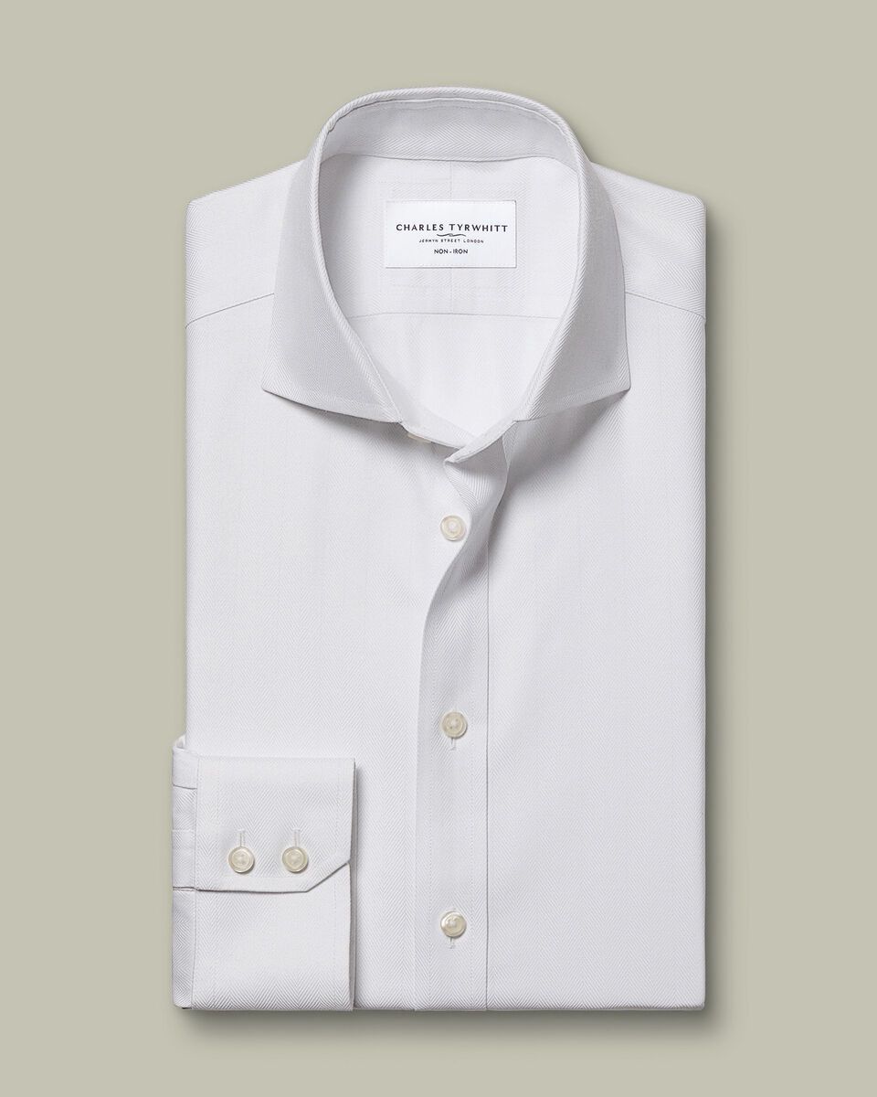 Semi Cutaway Non-Iron Herringbone Slim Fit Shirt - White