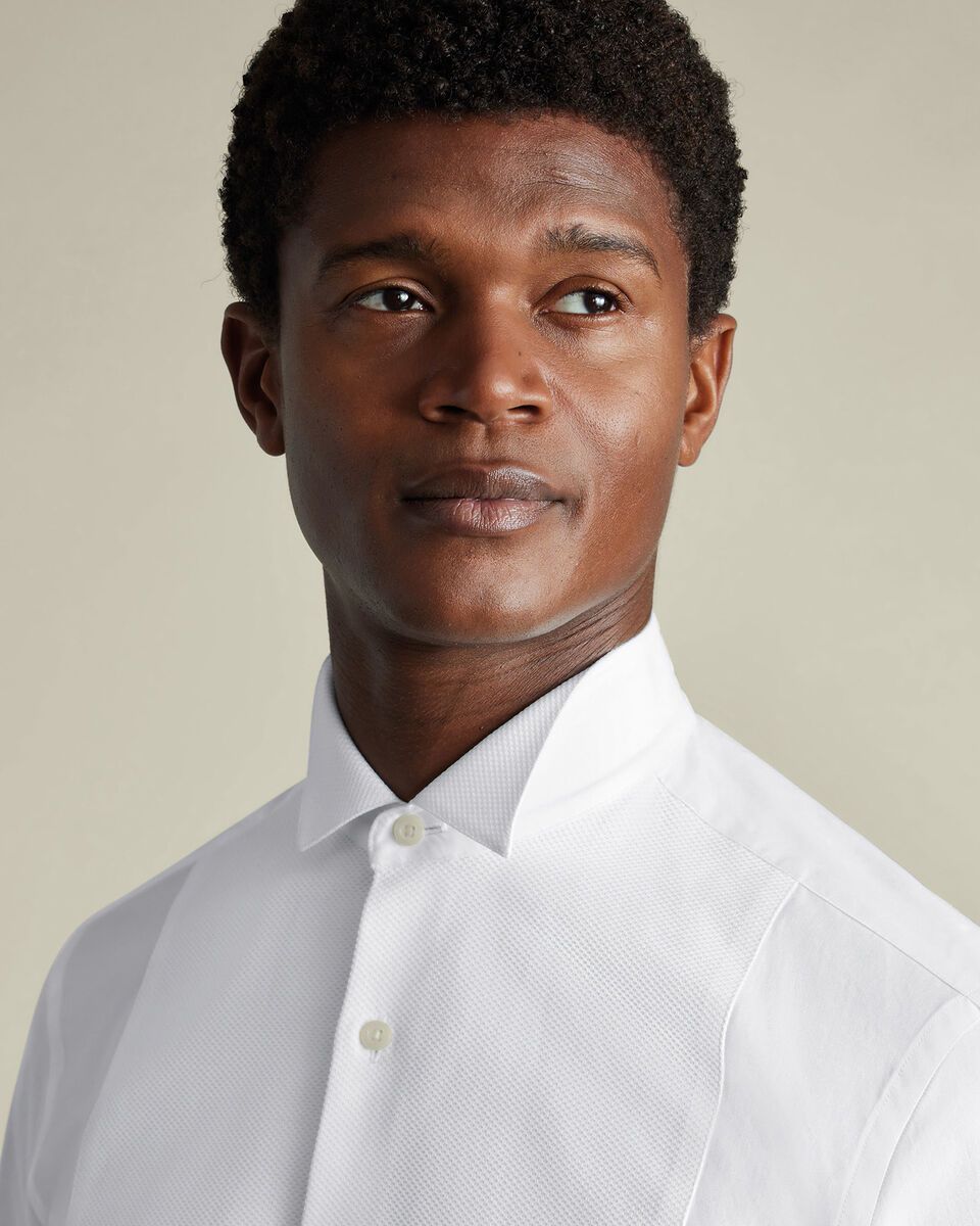 Double Cuff Wing Collar details Bib Front Slim Fit Shirt - White