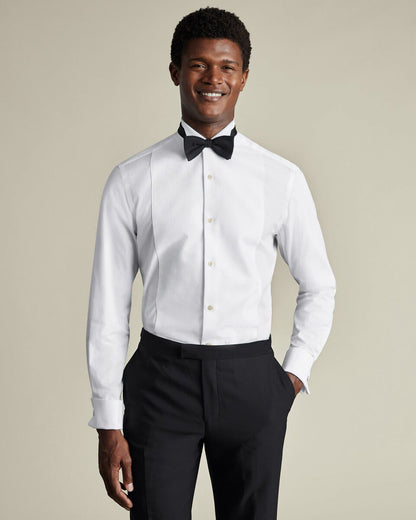 Double Cuff Wing Collar details Bib Front Slim Fit Shirt - White
