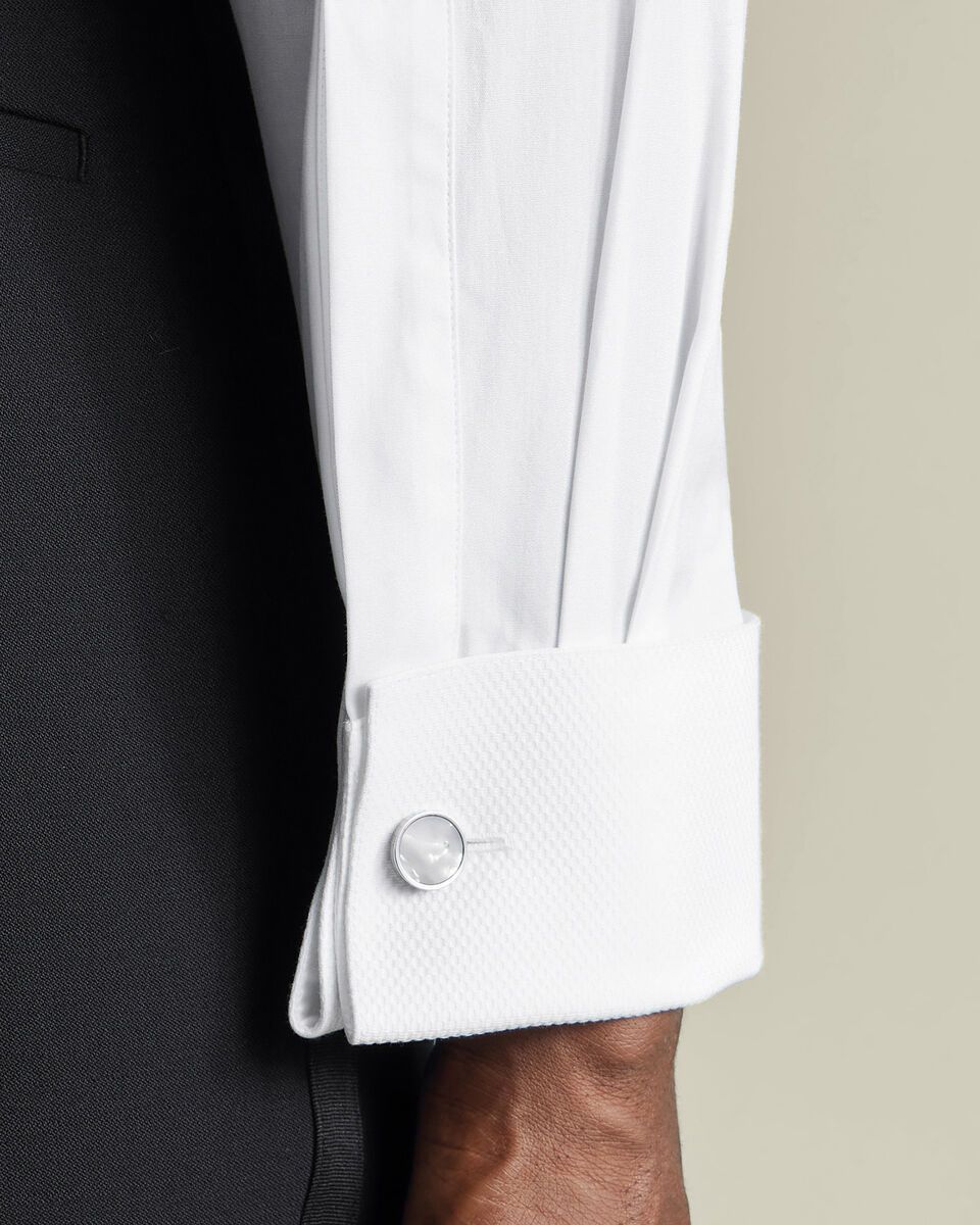 Double Cuff Wing Collar details Bib Front Slim Fit Shirt - White