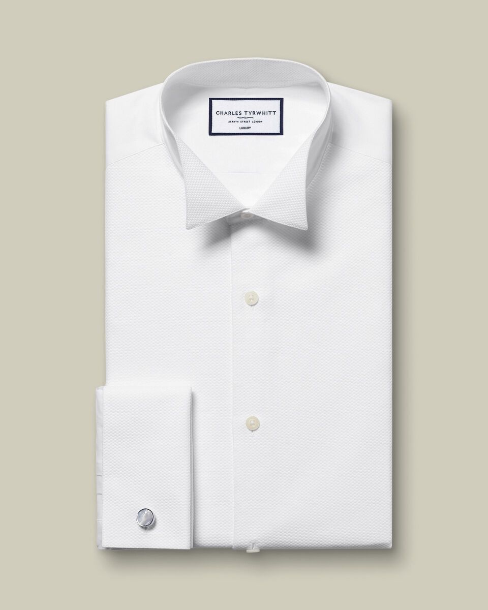 Double Cuff Wing Collar details Bib Front Slim Fit Shirt - White