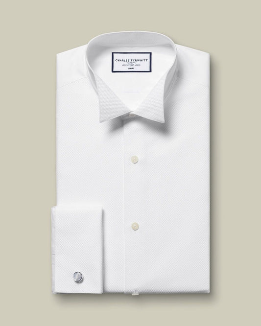 Double Cuff Wing Collar details Bib Front Slim Fit Shirt - White