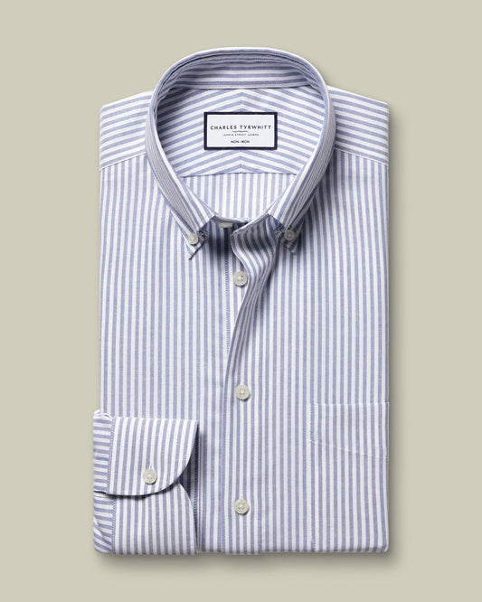 Non-Iron Stretch Oxford Stripe Slim Fit Shirt - Mid Blue