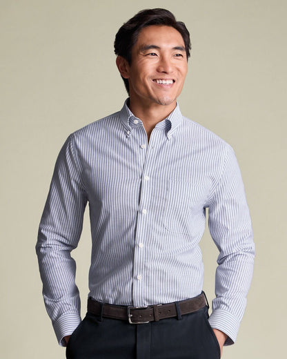 Non-Iron Stretch Oxford Stripe Slim Fit Shirt - Mid Blue