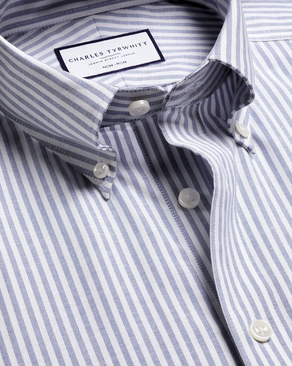 Non-Iron Stretch Oxford Stripe Slim Fit Shirt - Mid Blue