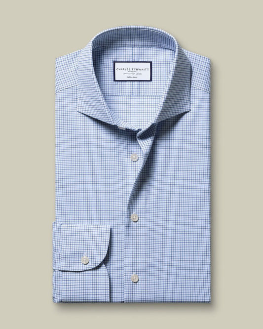 Non-Iron Twill Performance Check Slim Fit Shirt - Mid Blue