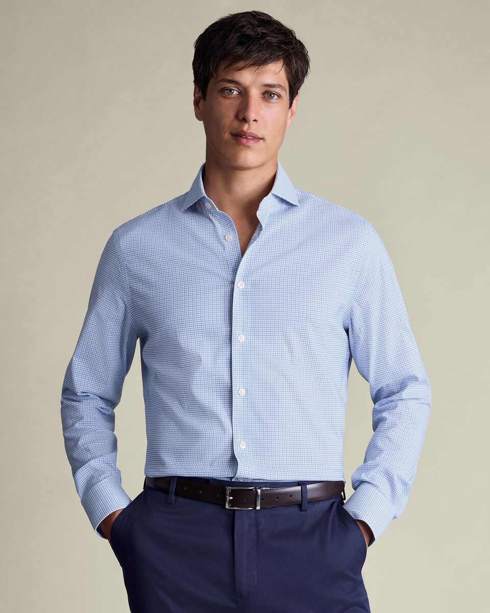 Non-Iron Twill Performance Check Slim Fit Shirt - Mid Blue