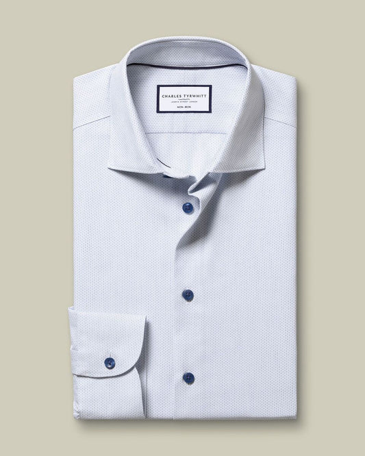 Non-Iron Stretch Texture Slim Fit Shirt - White & Sky Blue