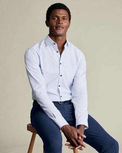 Non-Iron Stretch Texture Slim Fit Shirt - White & Sky Blue