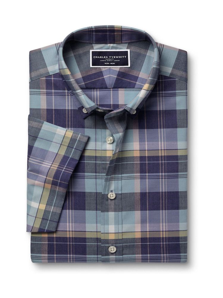 Button Down Non-Iron Stretch Poplin Slub Slim fit Short Sleeve  - Green Multi Check