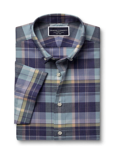 Button Down Non-Iron Stretch Poplin Slub Slim fit Short Sleeve  - Green Multi Check