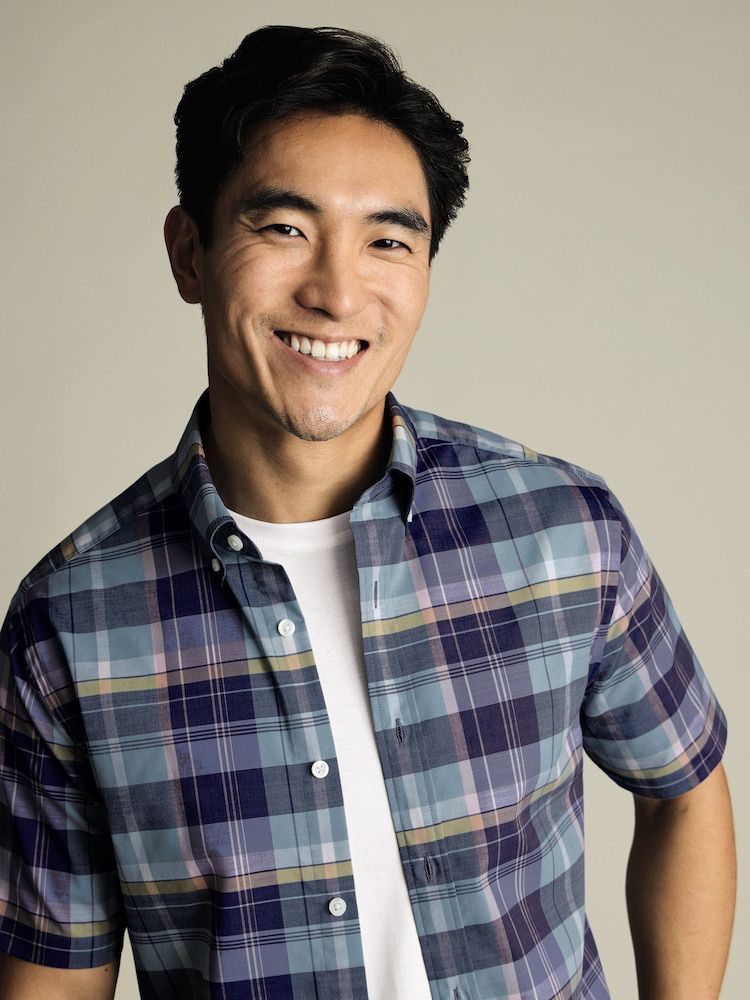 Button Down Non-Iron Stretch Poplin Slub Slim fit Short Sleeve  - Green Multi Check
