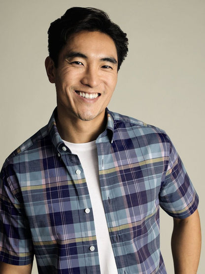 Button Down Non-Iron Stretch Poplin Slub Slim fit Short Sleeve  - Green Multi Check