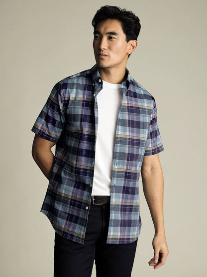 Button Down Non-Iron Stretch Poplin Slub Slim fit Short Sleeve  - Green Multi Check