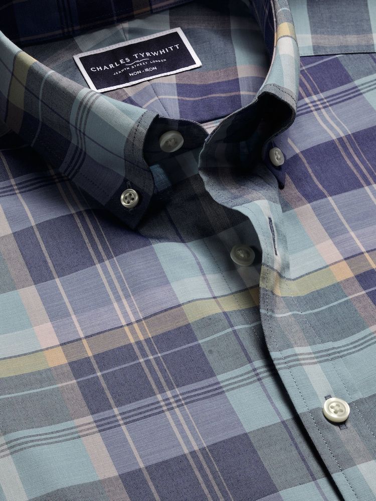 Button Down Non-Iron Stretch Poplin Slub Slim fit Short Sleeve  - Green Multi Check