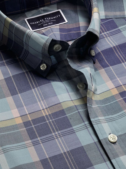 Button Down Non-Iron Stretch Poplin Slub Slim fit Short Sleeve  - Green Multi Check