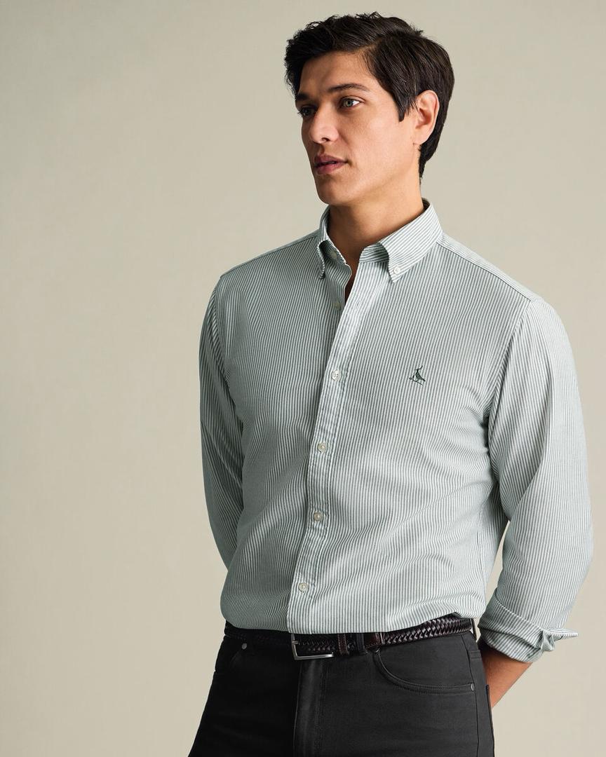 Button-Down Stretch Washed Oxford Stripe Slim Fit Shirt – Green