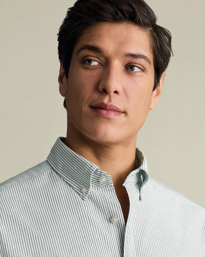 Button-Down Stretch Washed Oxford Stripe Slim Fit Shirt – Green