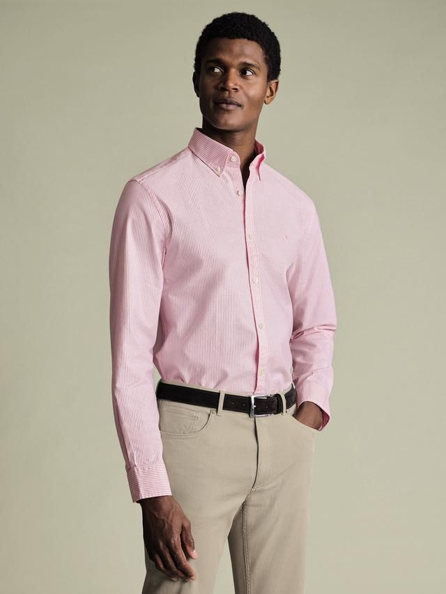 Button-Down Stretch Washed Oxford Stripe Slim Fit Shirt – Pink