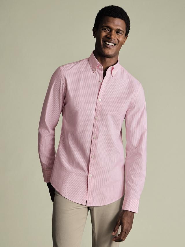 Button-Down Stretch Washed Oxford Stripe Slim Fit Shirt – Pink