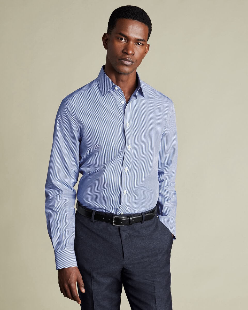 Non-Iron Stretch Poplin Bengal Stripe Extra Slim Fit Shirt - Royal Blue