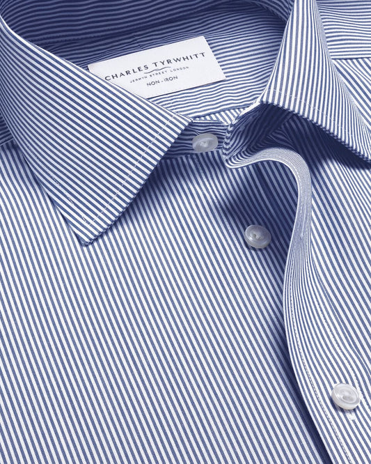 Double Cuff Non-Iron Stretch Poplin Bengal Stripe Extra Slim Fit Shirt - Royal Blue