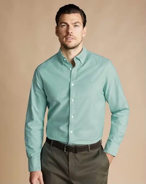 Button-Down Stretch Washed Oxford Slim Fit Shirt - Aqua Green
