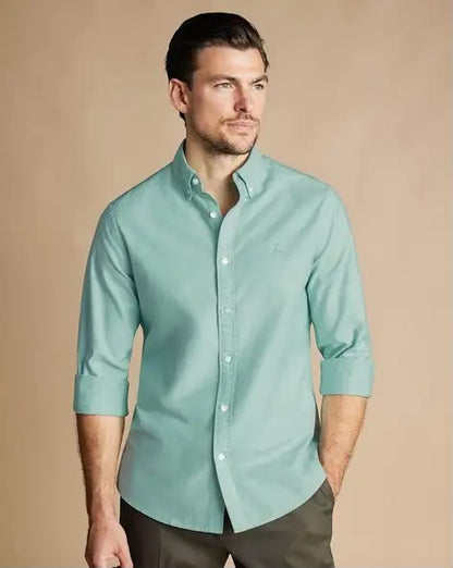 Button-Down Stretch Washed Oxford Slim Fit Shirt - Aqua Green