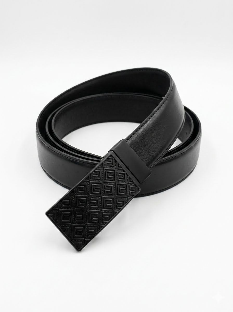Rectangular Automatic Buckle Leather Belt - Black