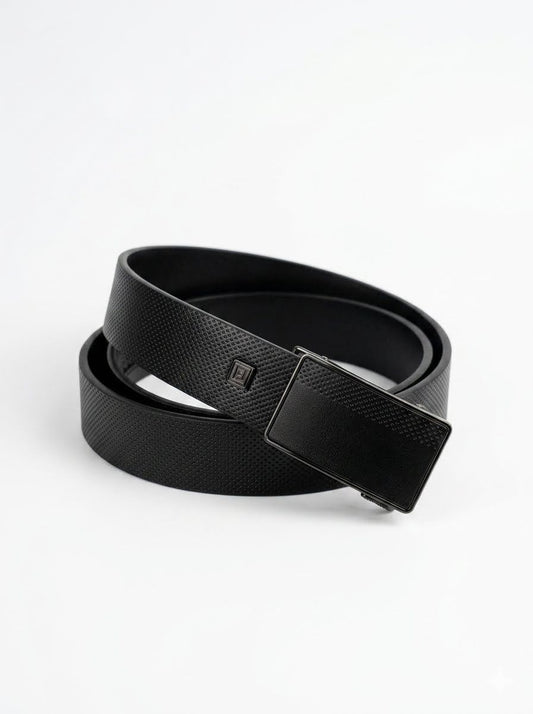 Textured Automatic Buckle Leather Belt - Black