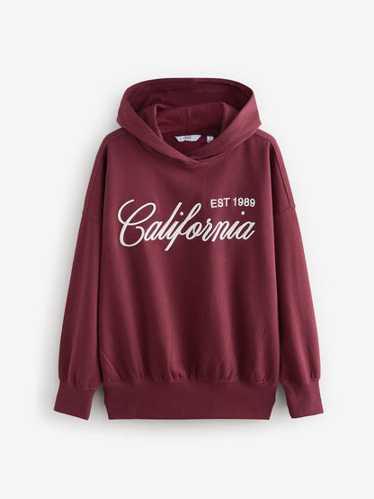 Embroidered Oversized Hoodie - Burgundy Red