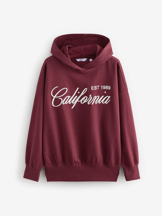 Embroidered Oversized Hoodie - Burgundy Red