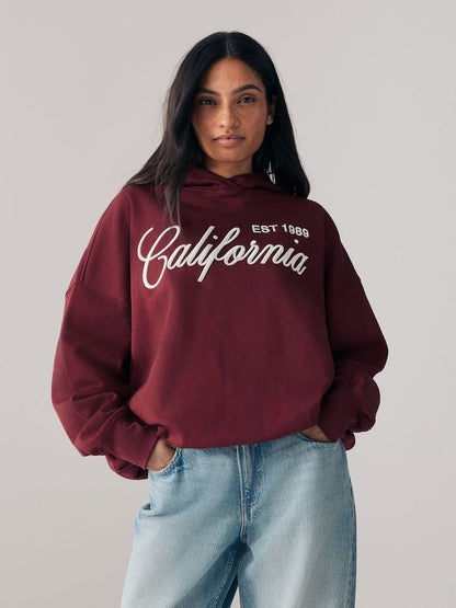 Embroidered Oversized Hoodie - Burgundy Red