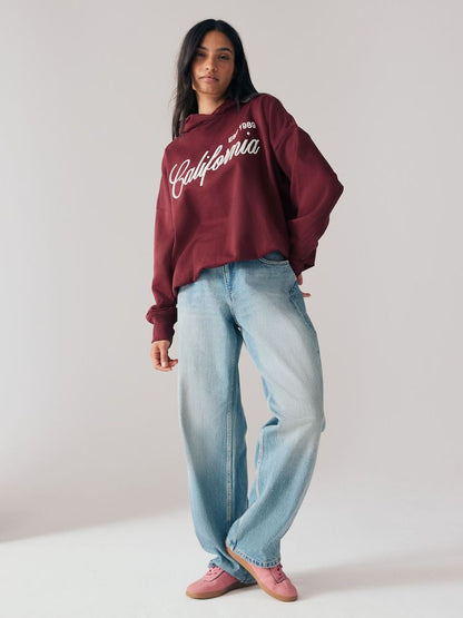 Embroidered Oversized Hoodie - Burgundy Red