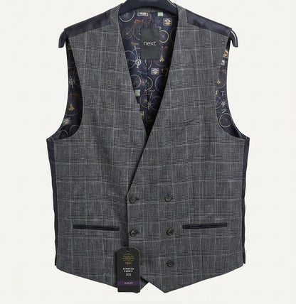 Classic Double-Breasted Check Waistcoat - Charcoal Grey