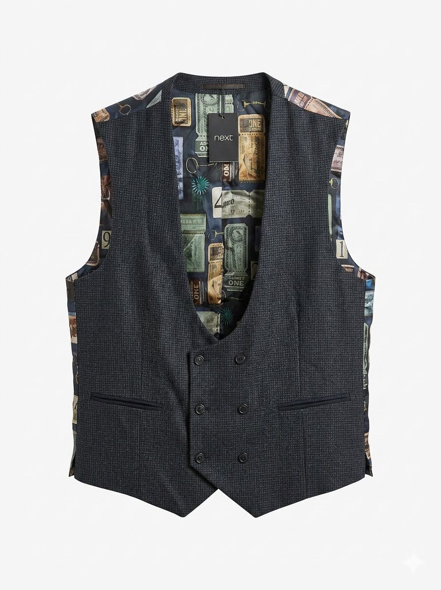 Bold Check Suit Waistcoat - Navy Blue