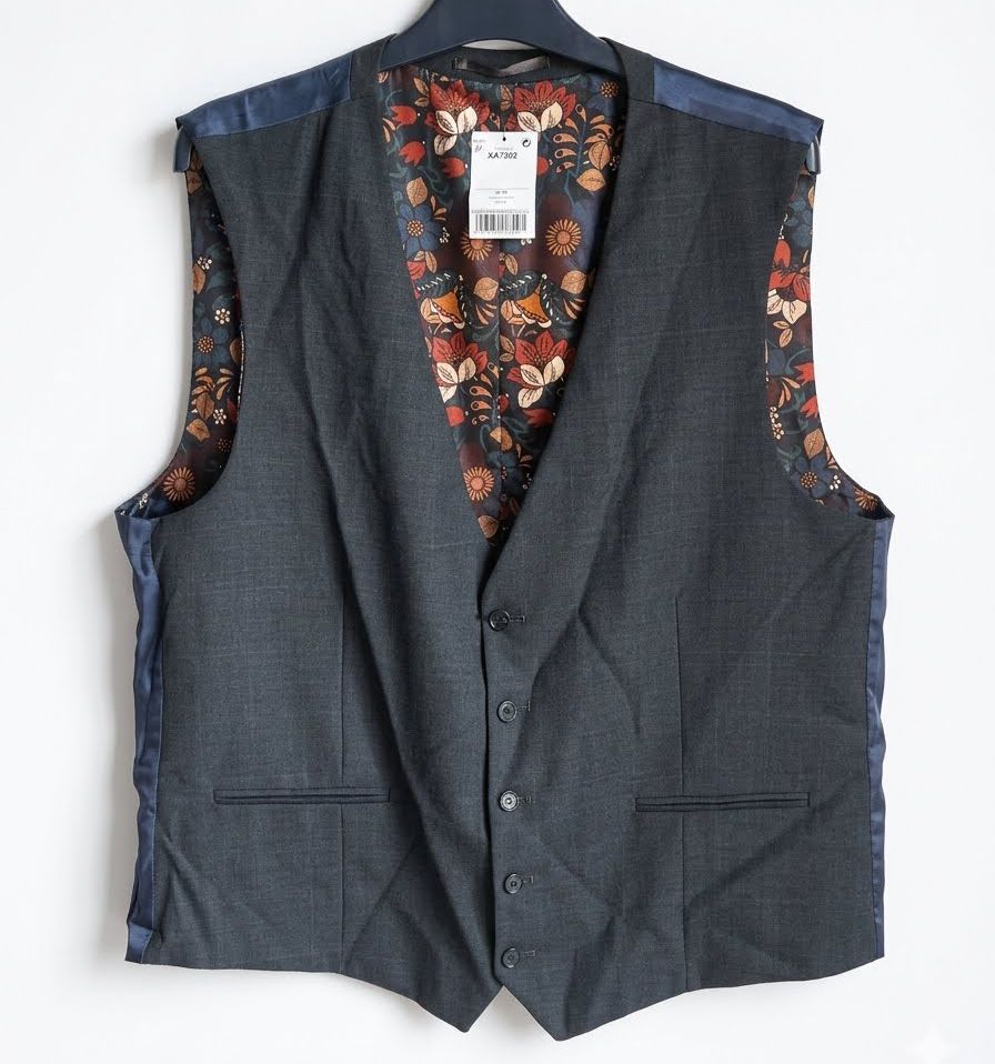 Floral Printed Lining Suit Waistcoat - Navy Blue