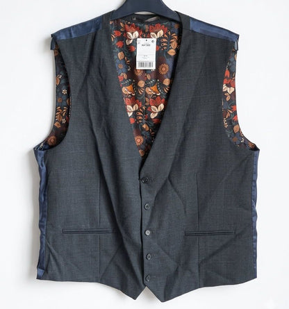 Floral Printed Lining Suit Waistcoat - Navy Blue