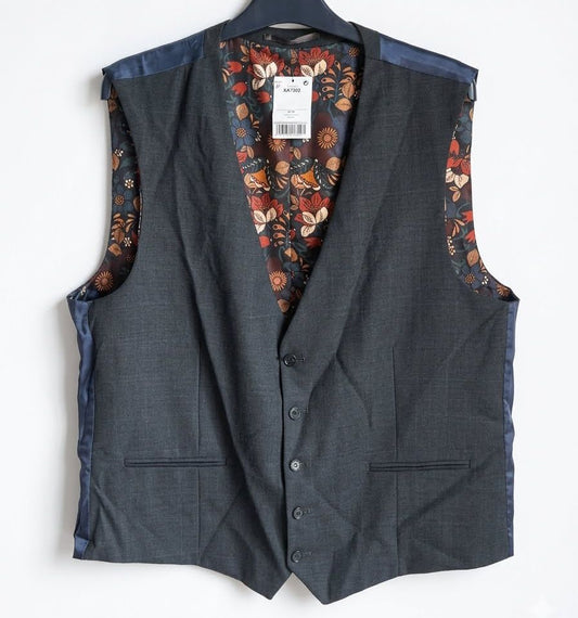 Floral Printed Lining Suit Waistcoat - Navy Blue