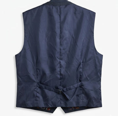 Floral Printed Lining Suit Waistcoat - Navy Blue