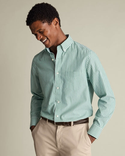Button-Down Stretch Washed Poplin Stripe Slim Fit Shirt – Green