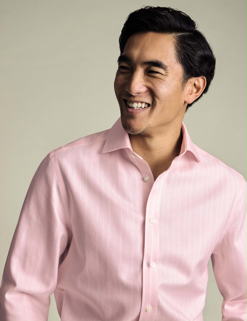 Cutaway Collar Non-Iron Herringbone Stripe Classic Fit Shirt - Light Pink