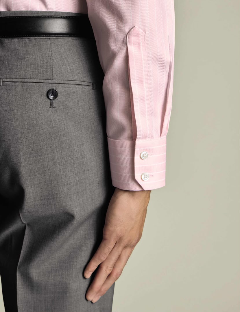 Cutaway Collar Non-Iron Herringbone Stripe Classic Fit Shirt - Light Pink